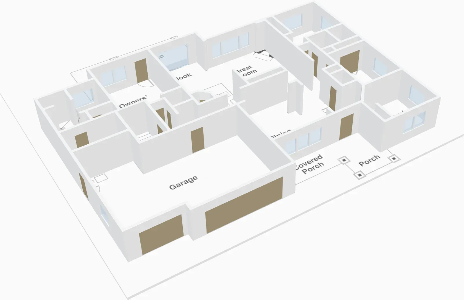 A 3D model of the sample single-storey home, showing the garage, great room, kitchen, owners' suite, bedrooms, porches and covered patio.