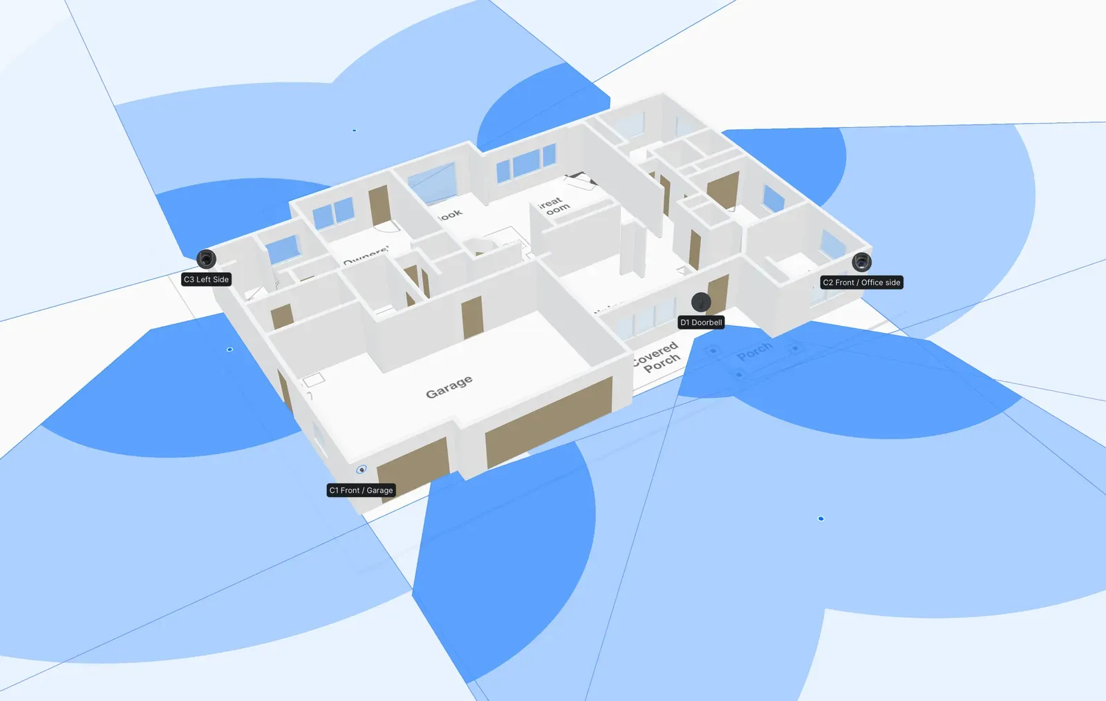 Camera fields of view shown over the 3D model of the home, with labelled mounting positions on the garage, left side, office side and entry.