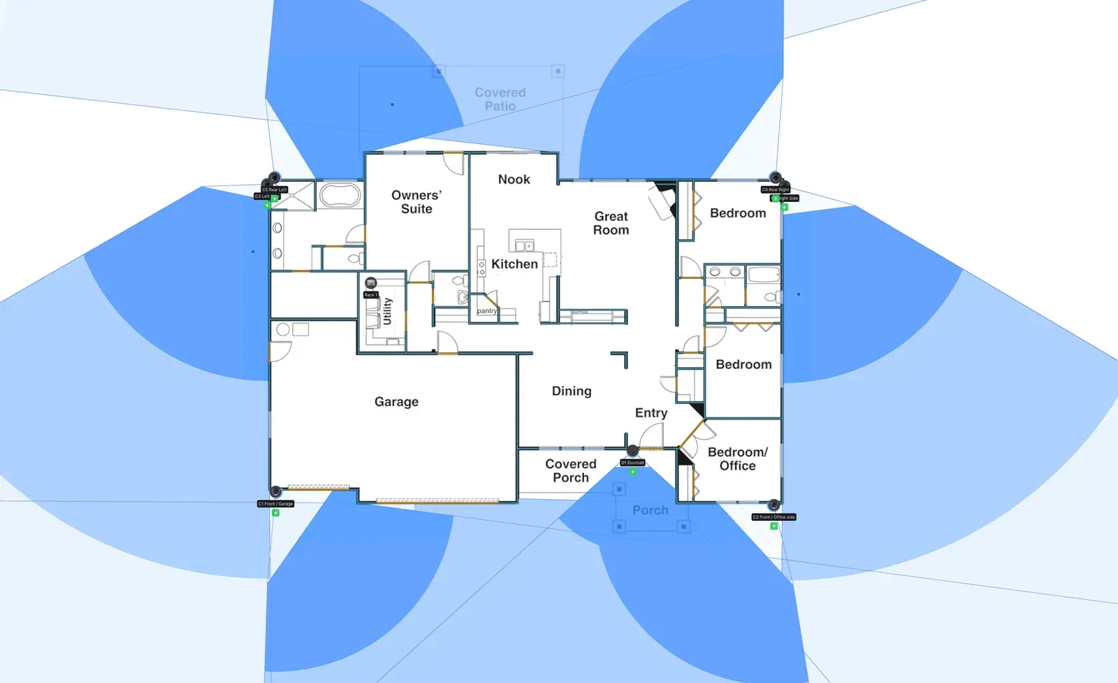 Camera coverage map of the sample home: six exterior cameras mounted on the corners, their fields of view overlapping across the front approach, both side passages and the rear yard.