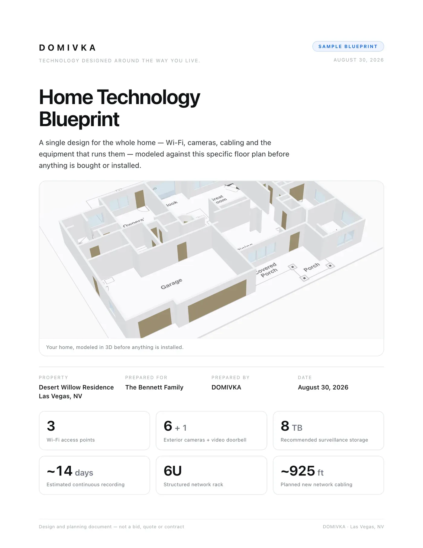 Cover page of the sample Home Technology Blueprint, showing a 3D model of the home and headline figures: 3 access points, 6 cameras and a doorbell, 8 TB of storage.