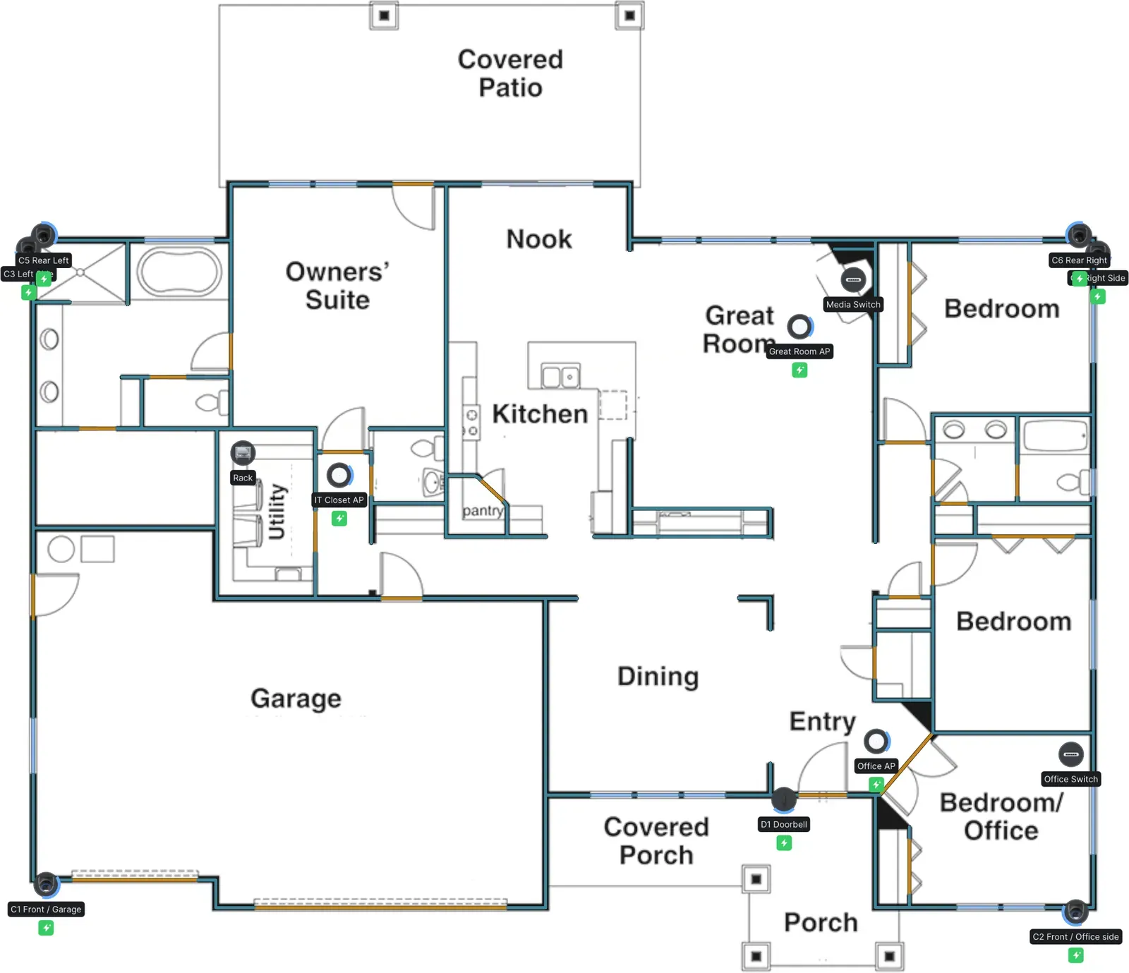 Floor plan of the sample home marked with three ceiling access points, six exterior cameras, a video doorbell, two distributed switches and the network core in the utility room.