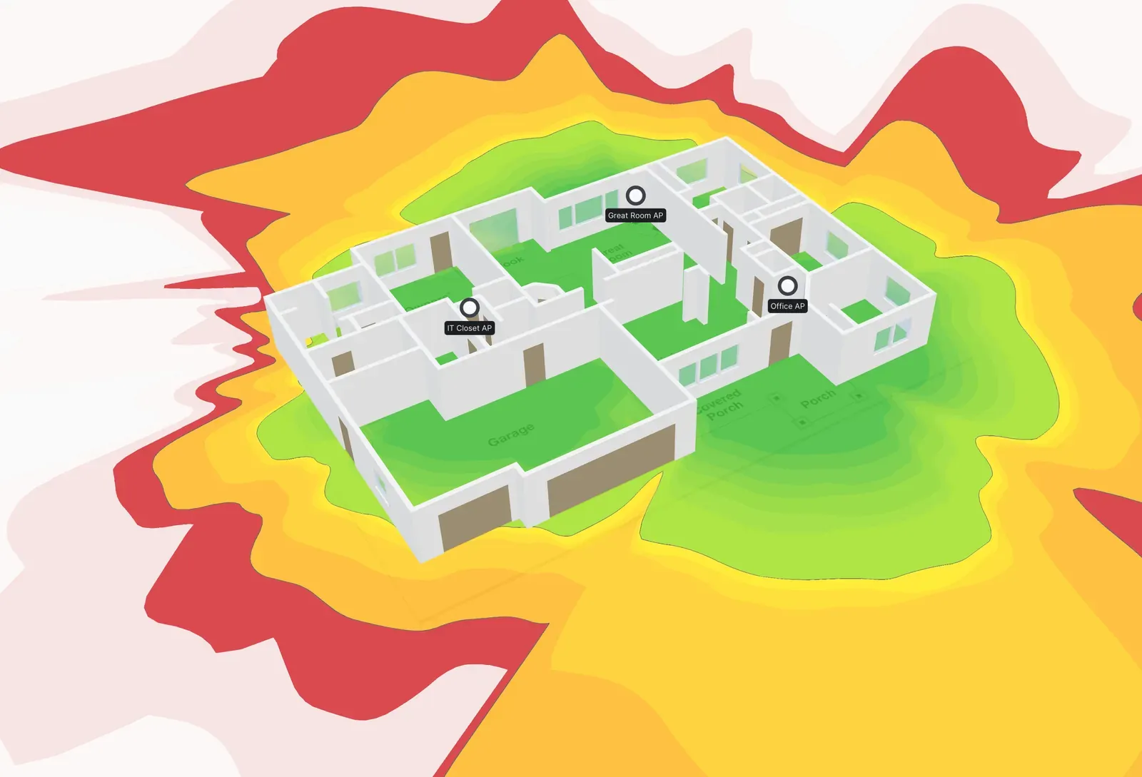 The same Wi-Fi coverage shown over the 3D model of the home, with the signal spreading out beyond the building footprint.