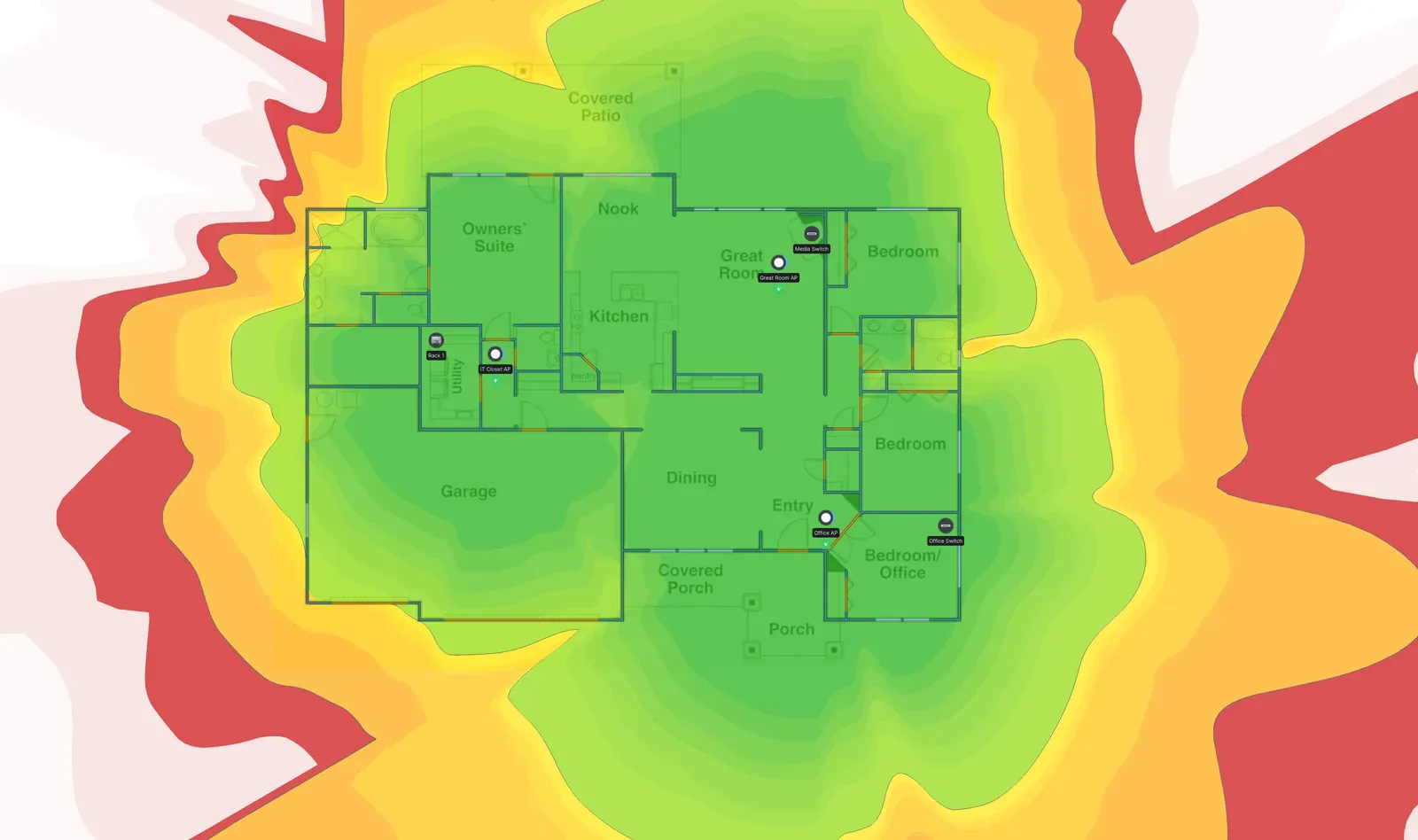 Modelled 5 GHz Wi-Fi coverage across the floor plan, strongest around the three access points and falling away past the exterior walls.